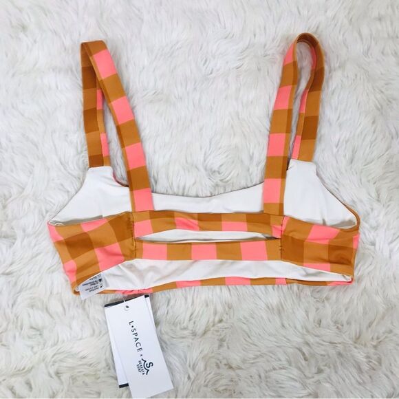 L*SPACE Seaesta Seaside Gingham Jess Bikini Top Pink Orange Plaid‎ Size XS New - Picture 3 of 8
